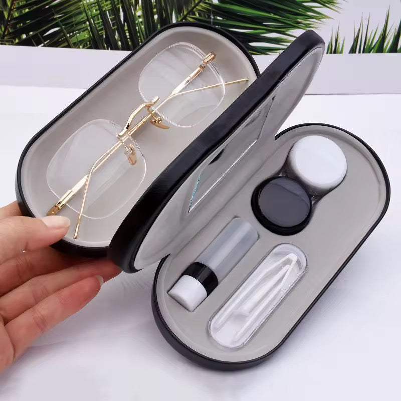 2 in 1 Glasses Storage Case with Built in Mirror Portable Eyeglasses & Contact Lens Organizer Box Double Sided Travel Case