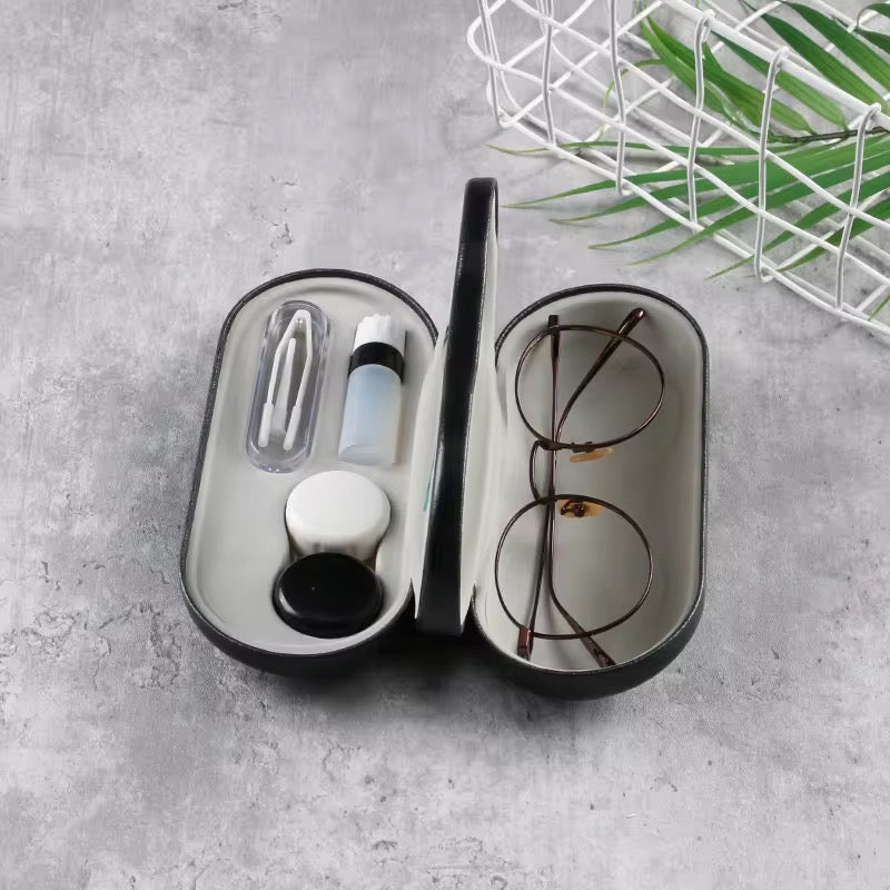 2 in 1 Glasses Storage Case with Built in Mirror Portable Eyeglasses & Contact Lens Organizer Box Double Sided Travel Case