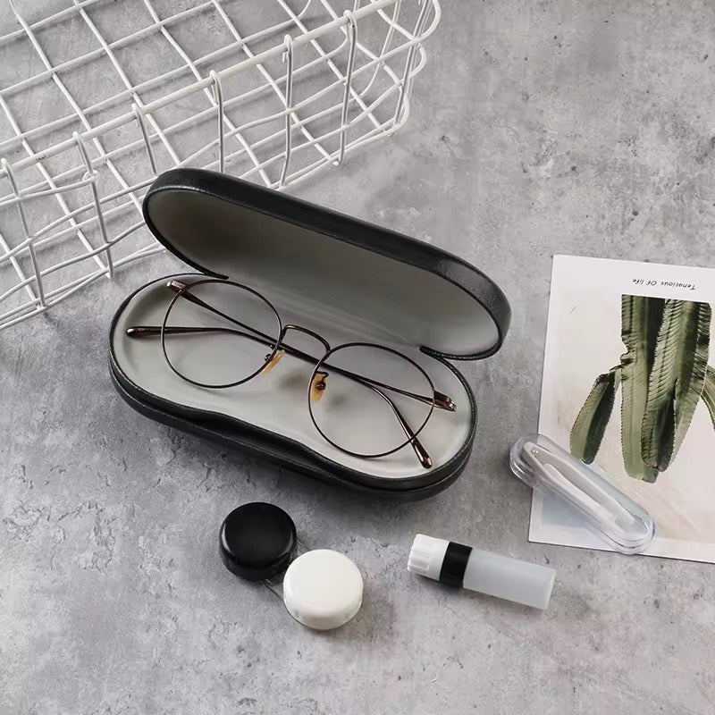 2 in 1 Glasses Storage Case with Built in Mirror Portable Eyeglasses & Contact Lens Organizer Box Double Sided Travel Case