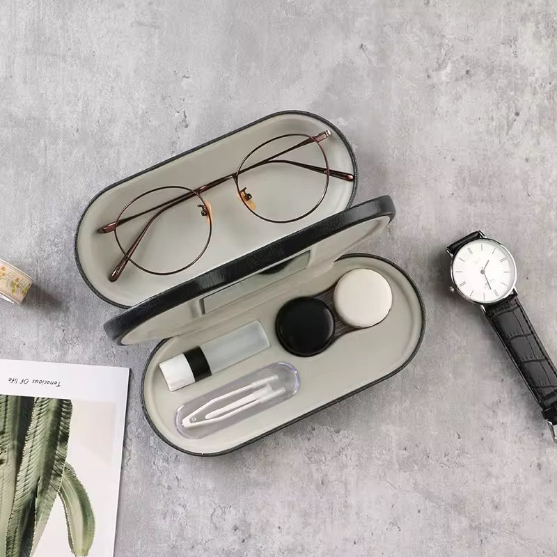 2 in 1 Glasses Storage Case with Built in Mirror Portable Eyeglasses & Contact Lens Organizer Box Double Sided Travel Case