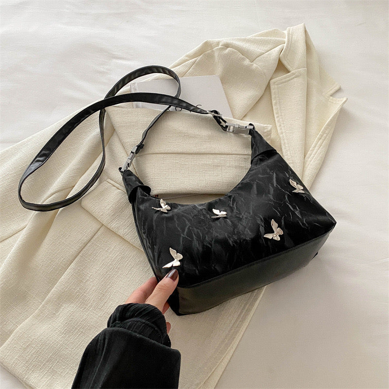 Huffmanx Women's Butterfly Embroidered PU Shoulder Bag Elegant Large Capacity Tote Handbag with Zipper Closure