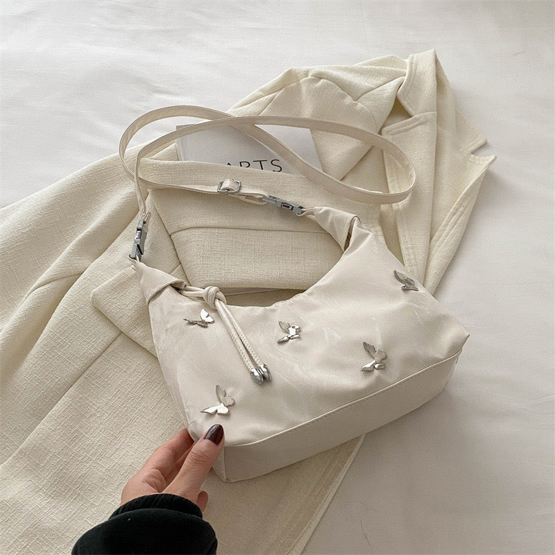 Huffmanx Women's Butterfly Embroidered PU Shoulder Bag Elegant Large Capacity Tote Handbag with Zipper Closure