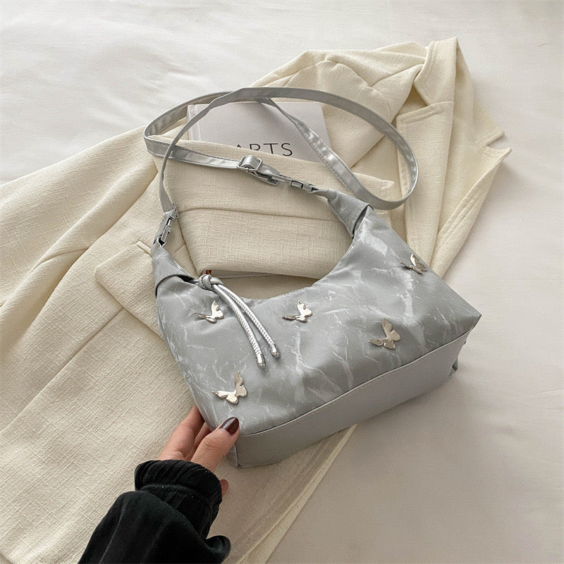 Huffmanx Women's Butterfly Embroidered PU Shoulder Bag Elegant Large Capacity Tote Handbag with Zipper Closure