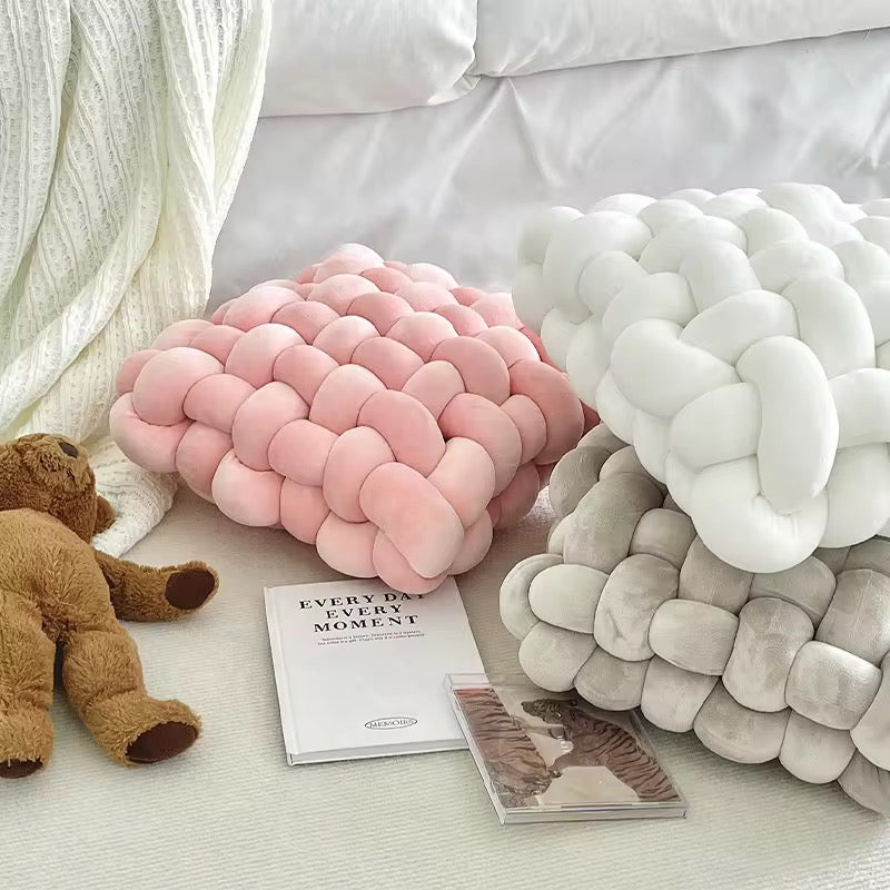 Soft Braided Knot Pillow Cushion Plush Hand Woven Square Decor Pillow for Couch Bed & Patio Seating