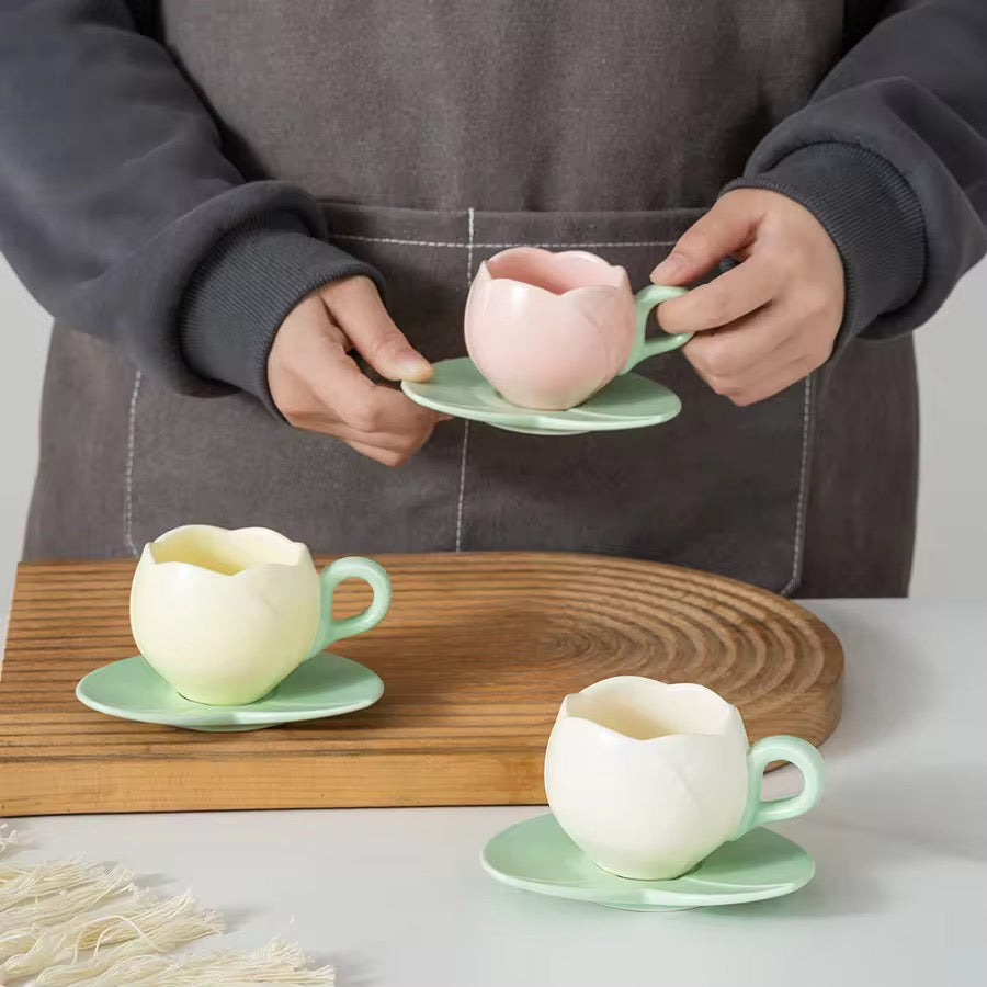 Ceramic Mini Tulip Coffee Mug With Saucers