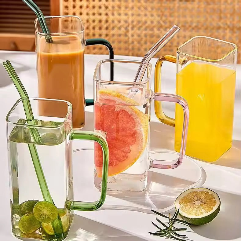 Color Handle Square Glass Mug with Straw 400ml