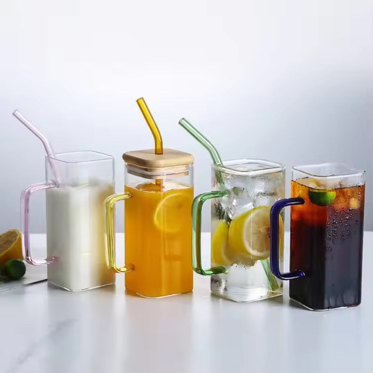 Color Handle Square Glass Mug with Straw 400ml