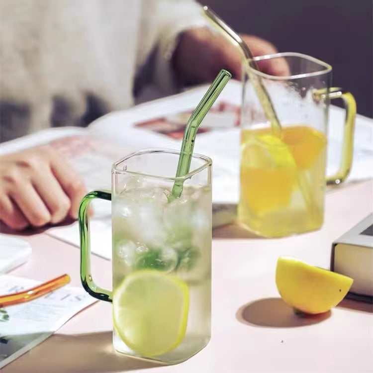 Color Handle Square Glass Mug with Straw 400ml