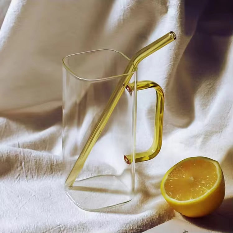 Color Handle Square Glass Mug with Straw 400ml