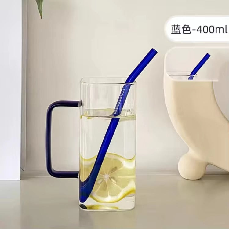 Color Handle Square Glass Mug with Straw 400ml