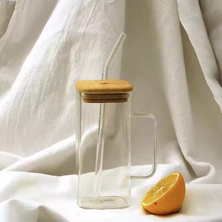 Color Handle Square Glass Mug with Straw 400ml