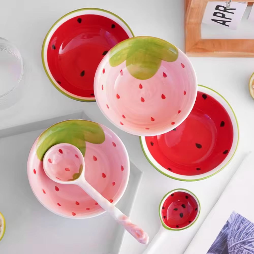 Cute Cartoon Ceramic Bowl with Strawberry & Watermelon Spoon Kids Rice & Soup Bowl Tableware Set