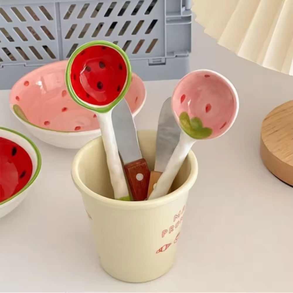 Cute Cartoon Ceramic Bowl with Strawberry & Watermelon Spoon Kids Rice & Soup Bowl Tableware Set