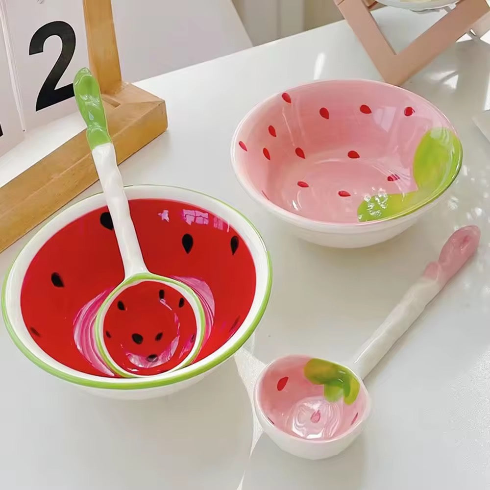 Cute Cartoon Ceramic Bowl with Strawberry & Watermelon Spoon Kids Rice & Soup Bowl Tableware Set
