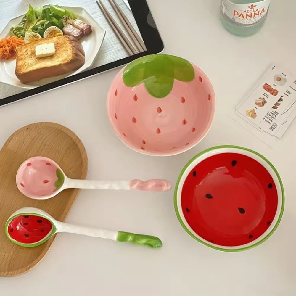 Cute Cartoon Ceramic Bowl with Strawberry & Watermelon Spoon Kids Rice & Soup Bowl Tableware Set