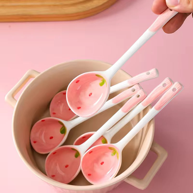 Cute Cartoon Ceramic Bowl with Strawberry & Watermelon Spoon Kids Rice & Soup Bowl Tableware Set
