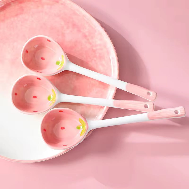 Cute Cartoon Ceramic Bowl with Strawberry & Watermelon Spoon Kids Rice & Soup Bowl Tableware Set