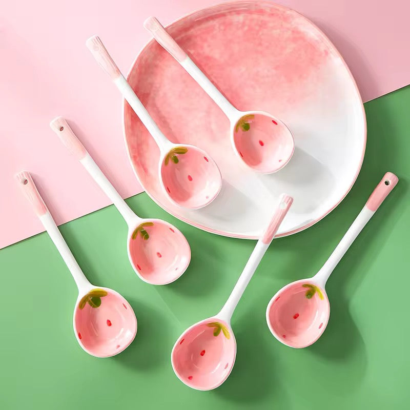 Cute Cartoon Ceramic Bowl with Strawberry & Watermelon Spoon Kids Rice & Soup Bowl Tableware Set
