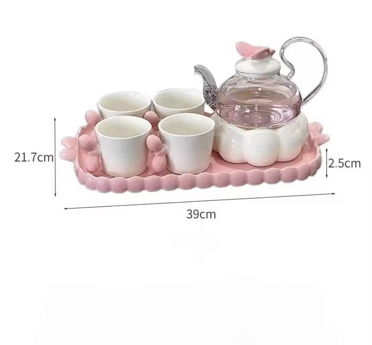 Flower Glass Teapot Set with Candle Warmer Elegant Home Tea Set with Cup & Heater High Beauty Floral Tea Experience