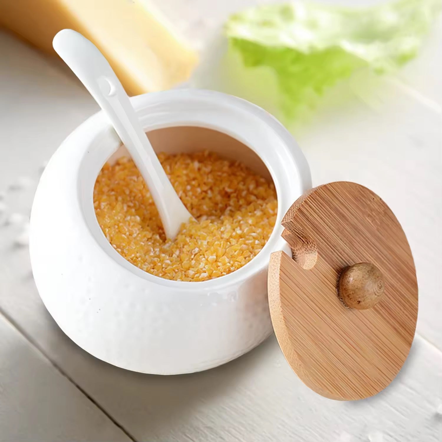Handmade Ceramic Spice Jar Set with Bamboo Rack 3Piece Condiment Storage