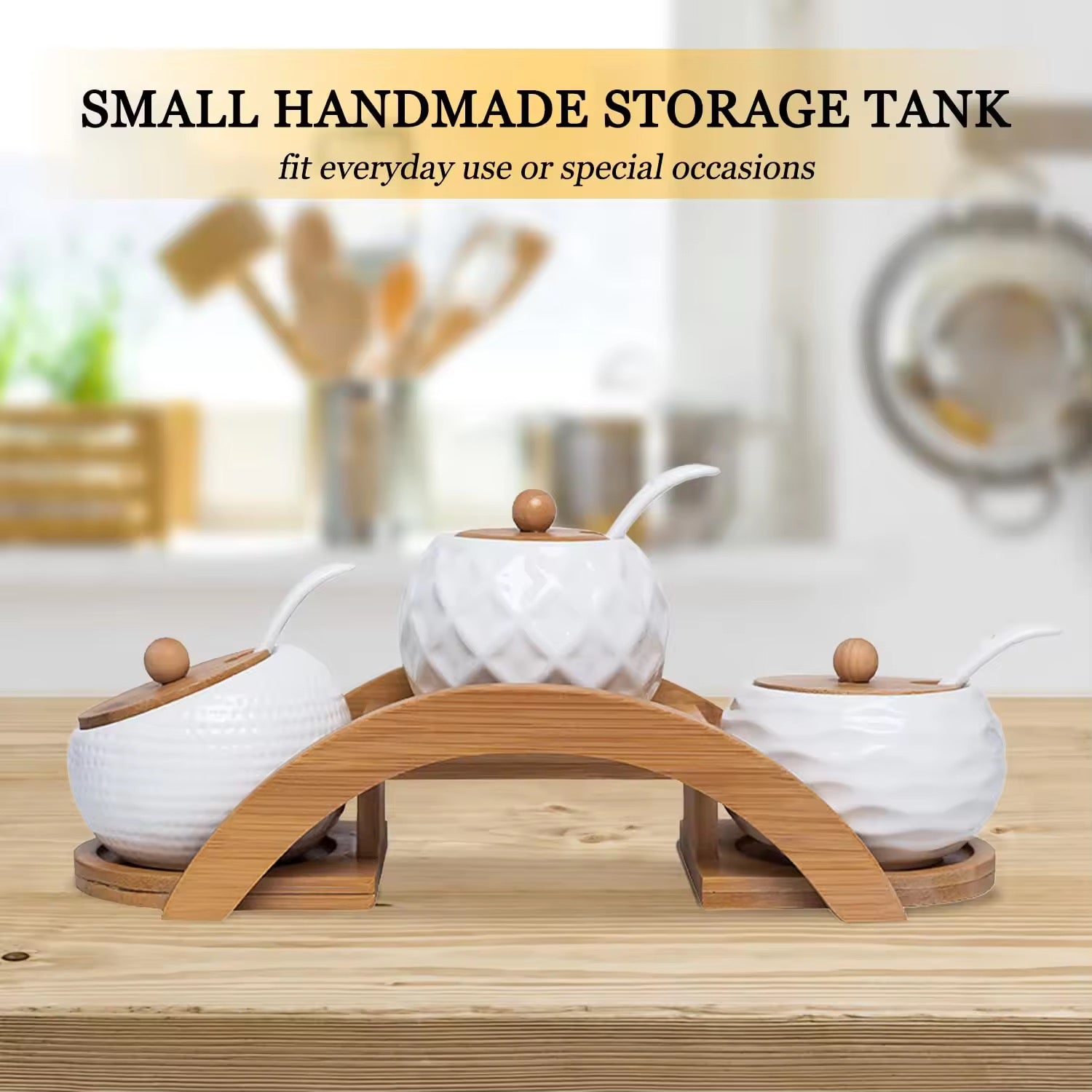 Handmade Ceramic Spice Jar Set with Bamboo Rack 3Piece Condiment Storage