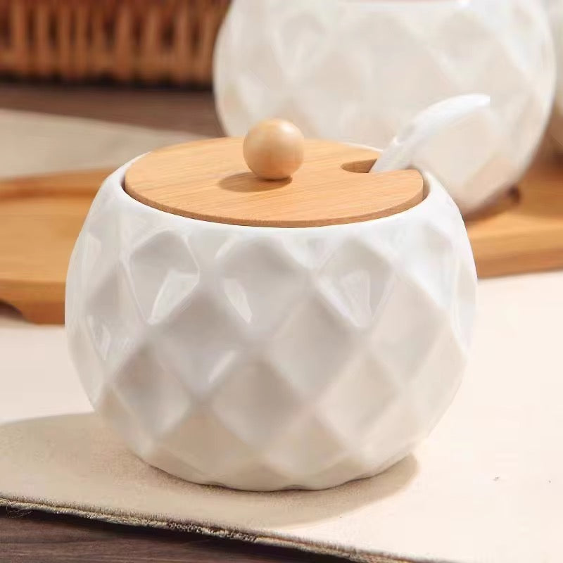 Handmade Ceramic Spice Jar Set with Bamboo Rack 3Piece Condiment Storage