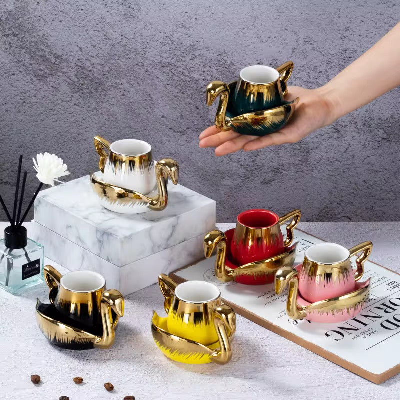 Luxury Golden Swan Ceramic Cup with Saucer Elegant Coffee