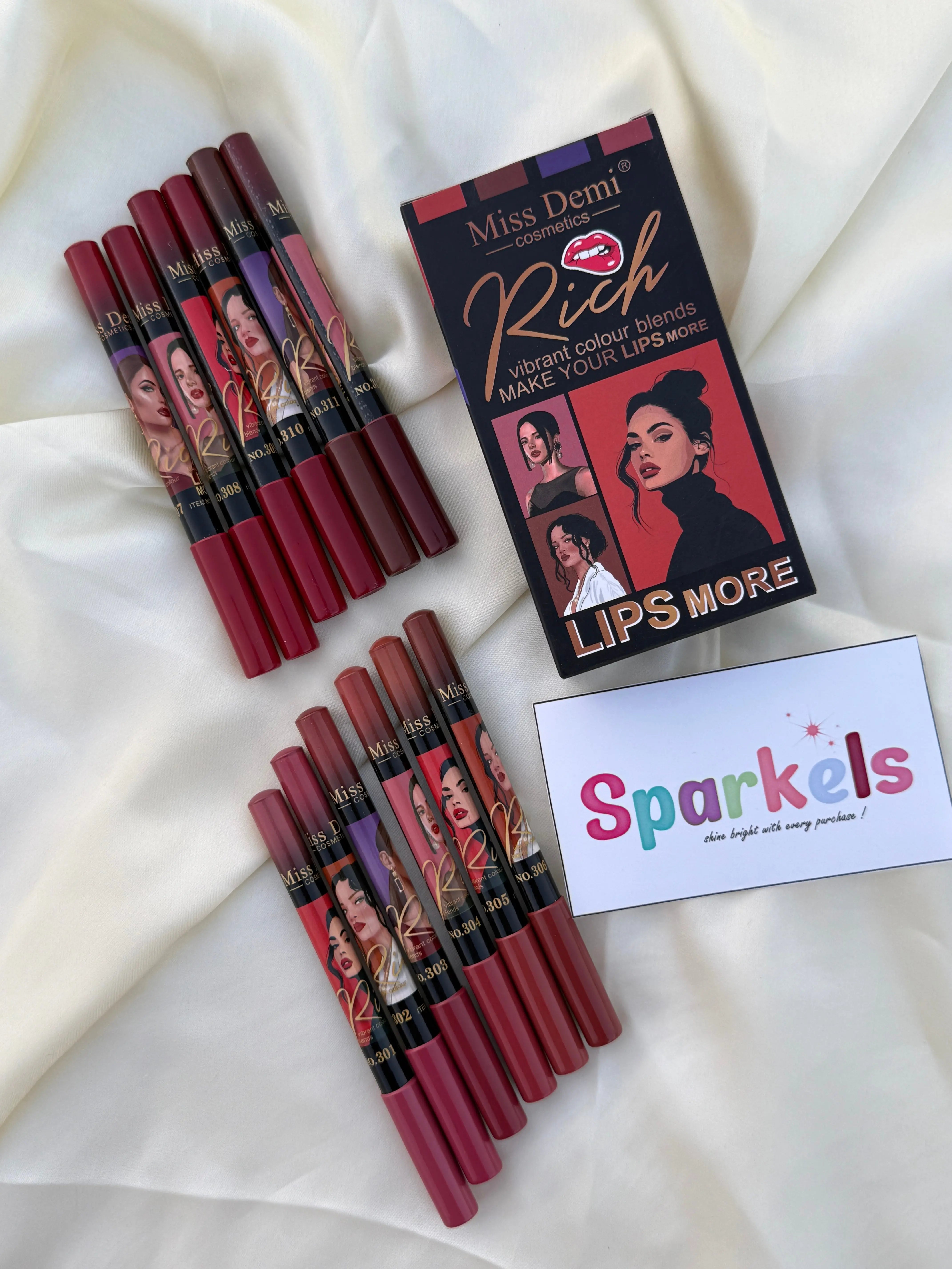 Miss Demi “Rich” Lipstick Pencil Set – Vibrant Matte Shades (Set of 12) Sparkels  Sparkels