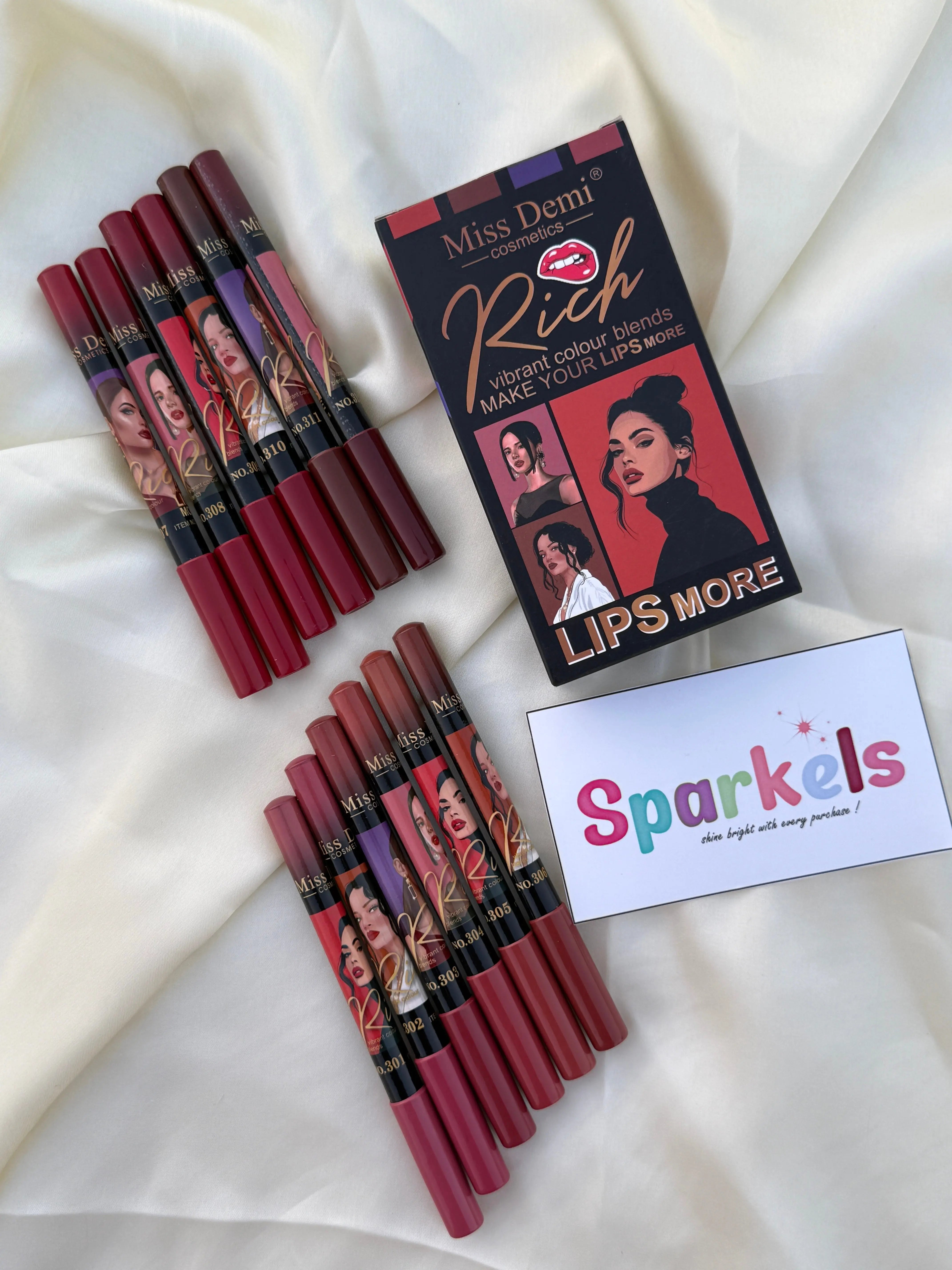 Miss Demi “Rich” Lipstick Pencil Set – Vibrant Matte Shades (Set of 12) Sparkels  Sparkels