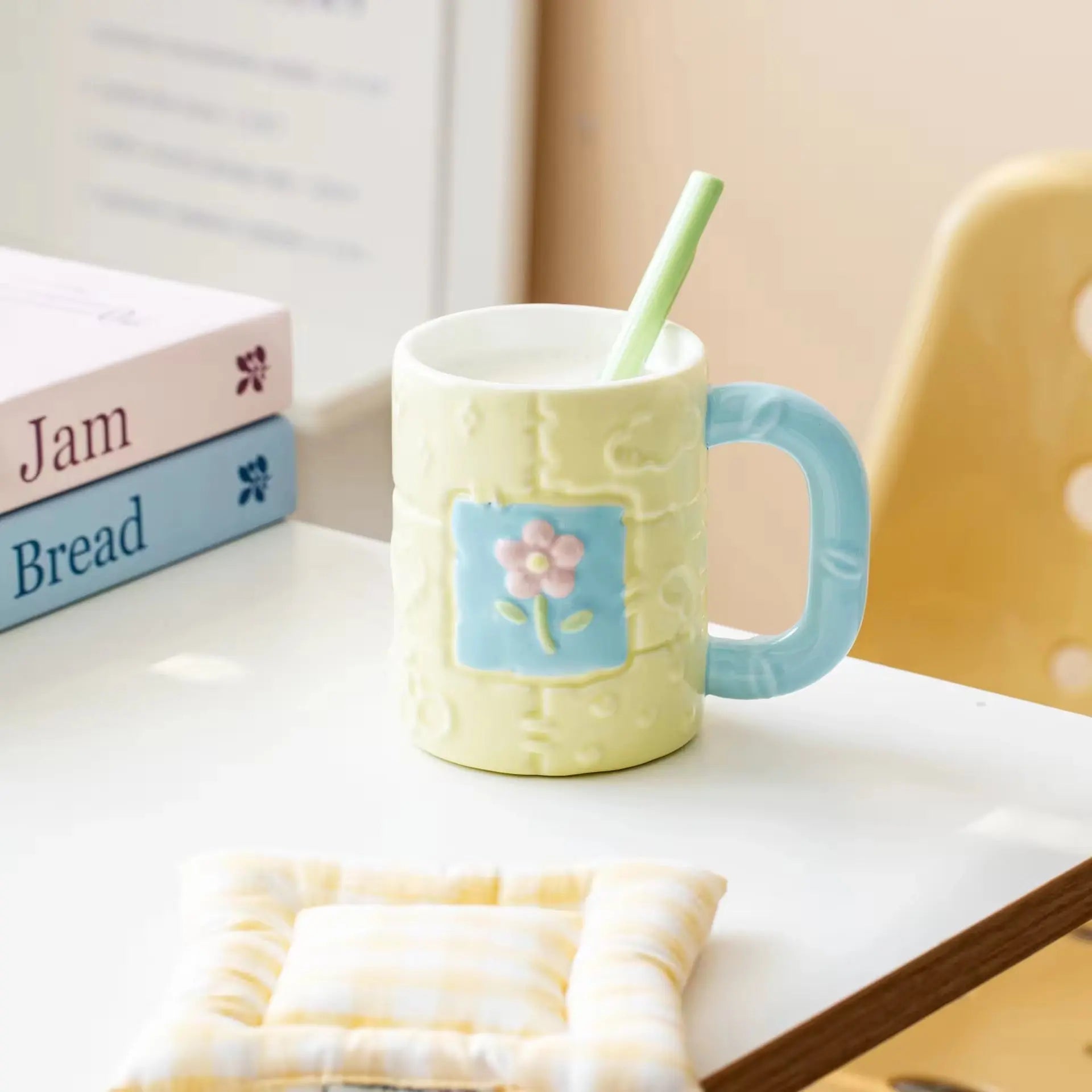 Pastel Flower Ceramic Mug with Floral Spoon Cute Aesthetic Coffee Cup Gift Set