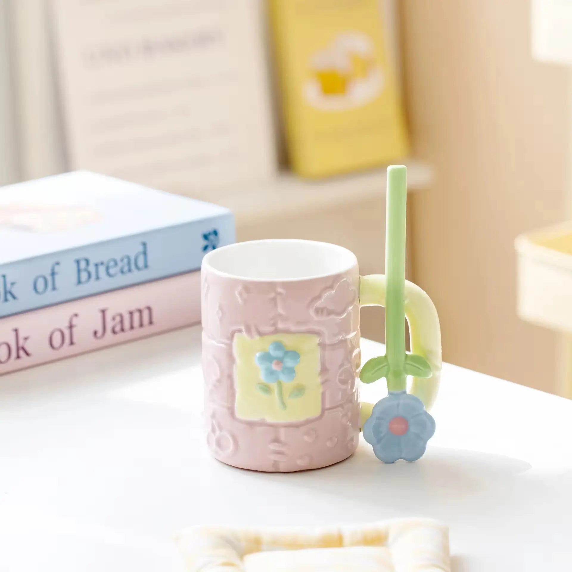 Pastel Flower Ceramic Mug with Floral Spoon Cute Aesthetic Coffee Cup Gift Set