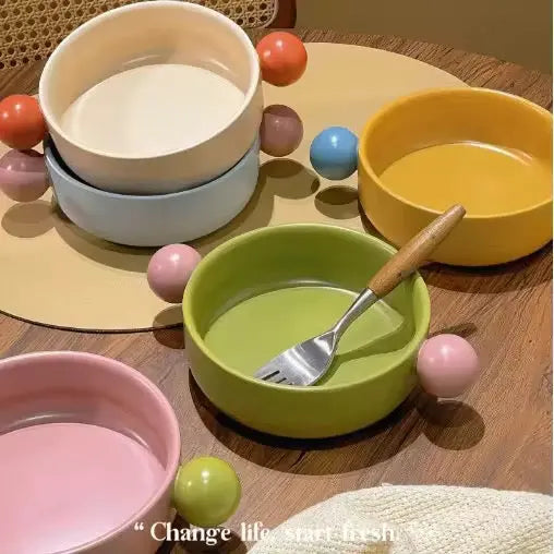 Cute Ear Handle Ceramic Pet Bowl Pastel Raised Food & Water Bowl