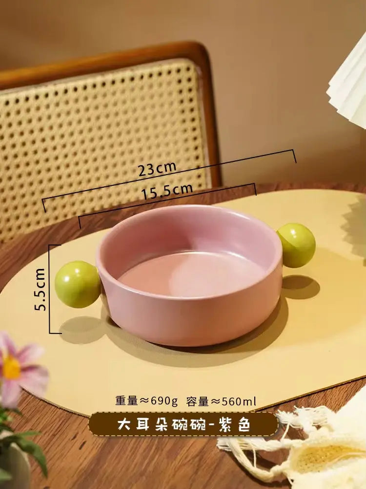 Cute Ear Handle Ceramic Pet Bowl Pastel Raised Food & Water Bowl