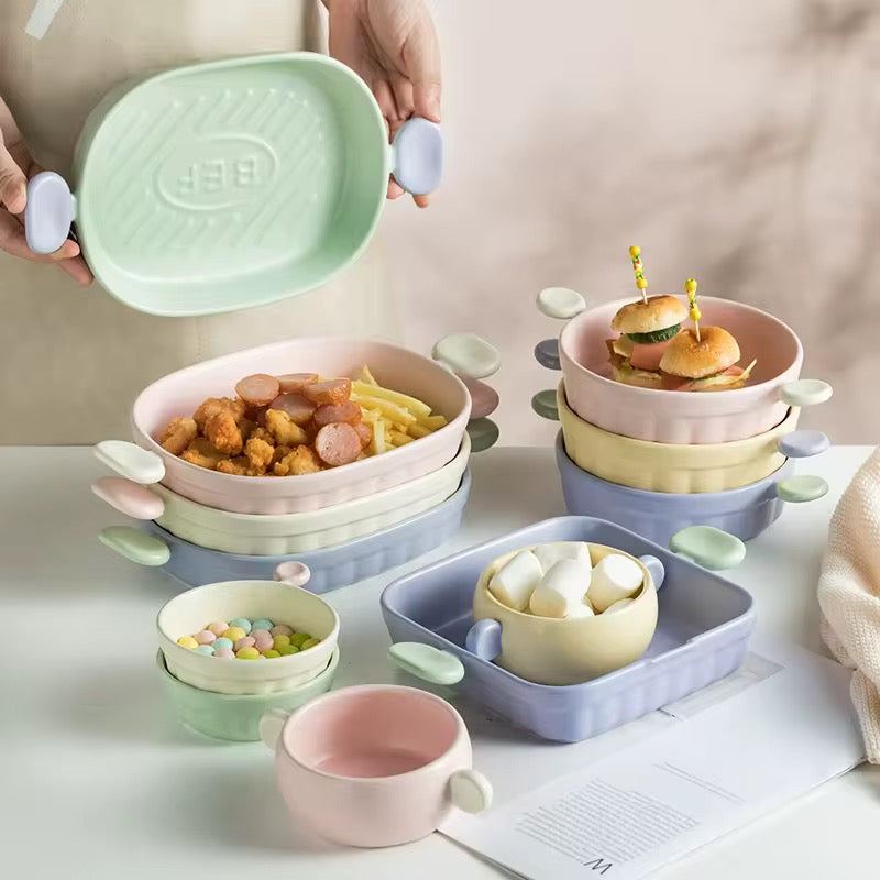Pastel Ceramic Baking Dish with Handles Cute Oven-to-Table Serving & Casserole Tray