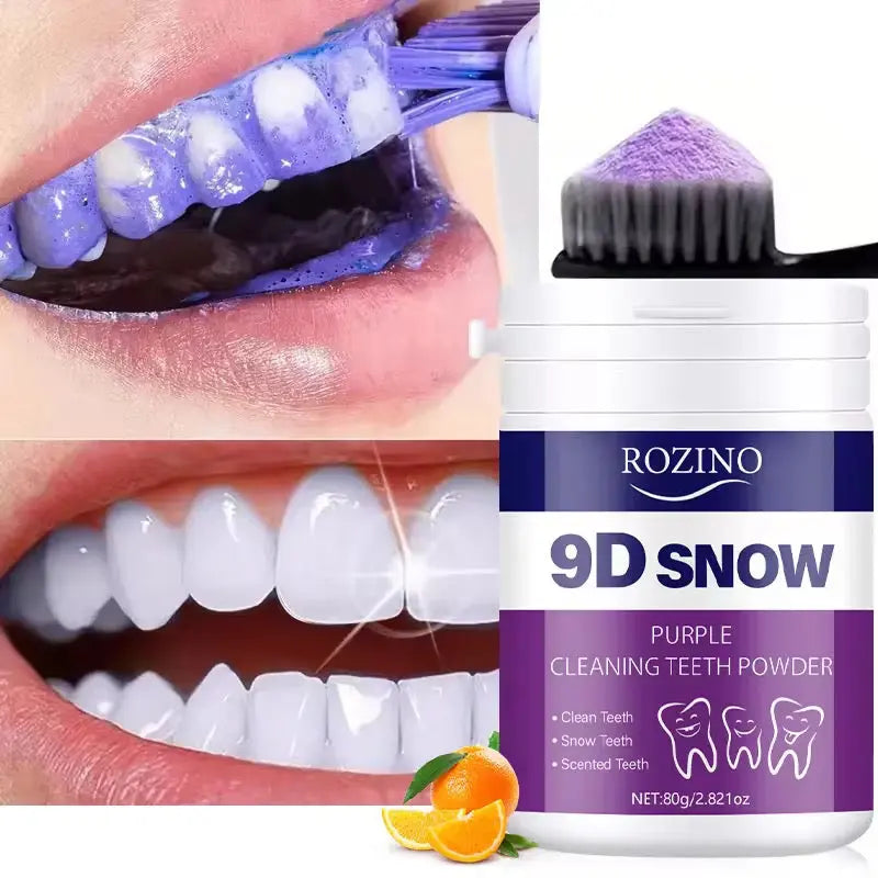 Rozino 9D Snow Purple Teeth Whitening Powder Deep Cleaning Tooth Powder for Fresh Breath & Brighter Smile (80g)