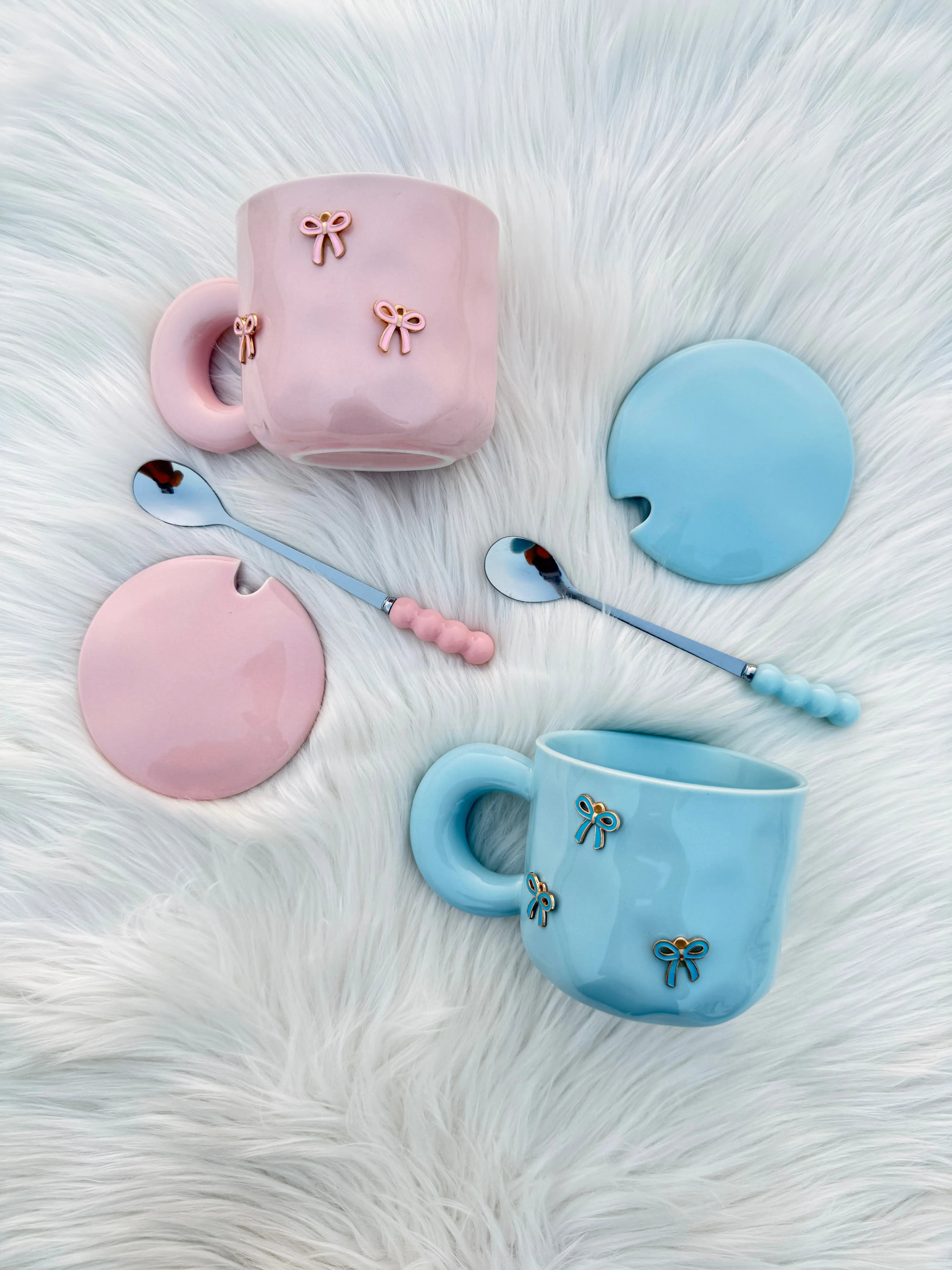 Bow Charm Ceramic Mug Set with Lid & Spoon Sparkels  Sparkels