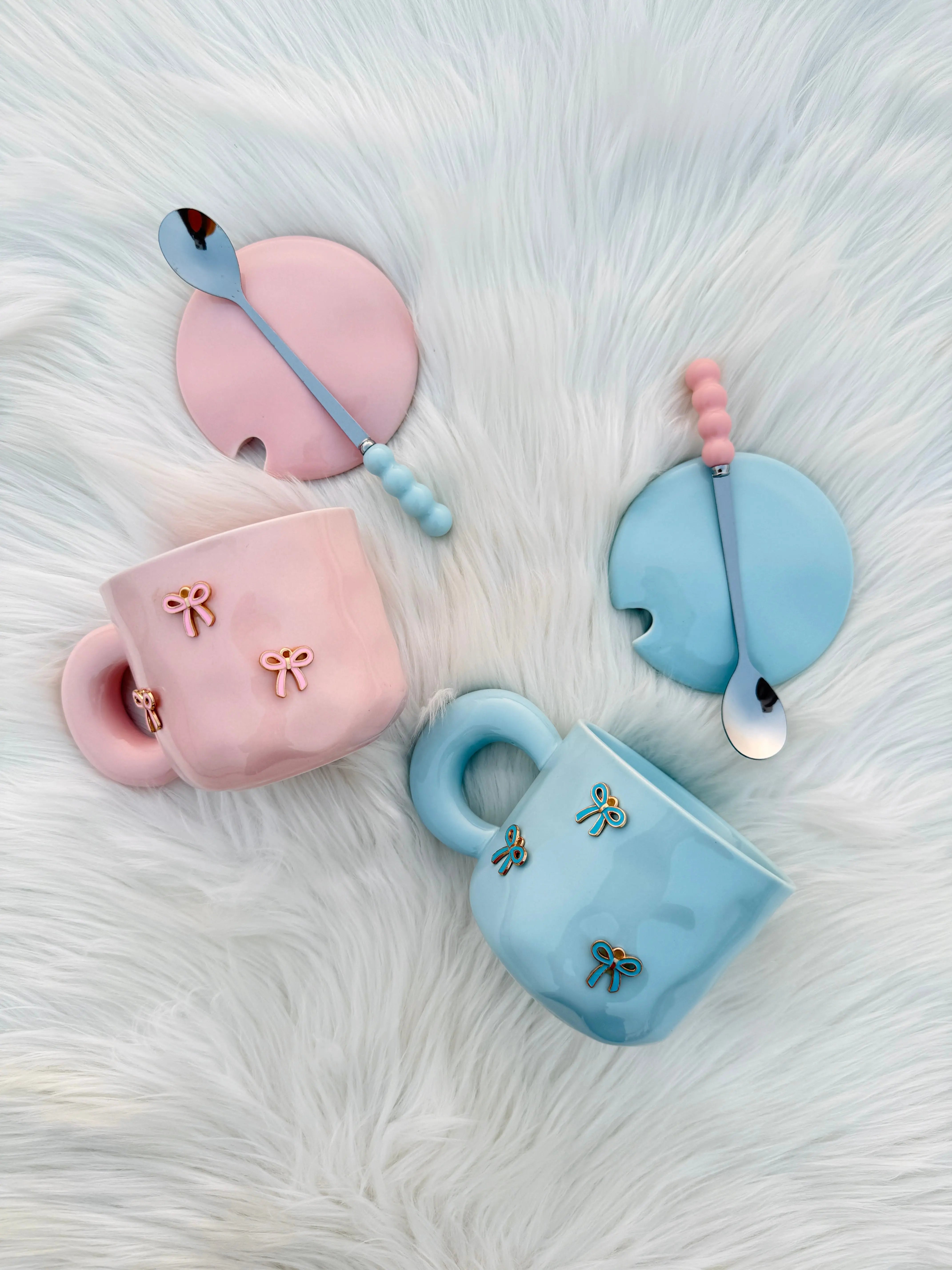 Bow Charm Ceramic Mug Set with Lid & Spoon Sparkels  Sparkels
