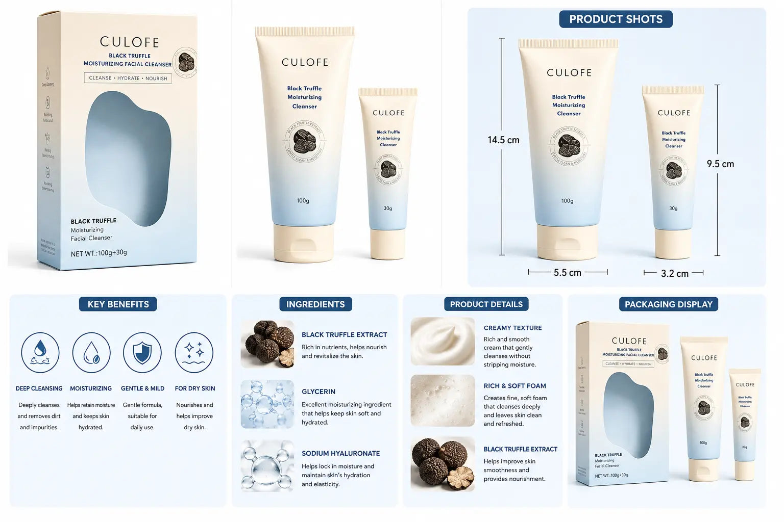 Black Truffle Moisturizing Facial Cleanser Set (100g + 30g) Hydrating Deep Cleansing Face Wash