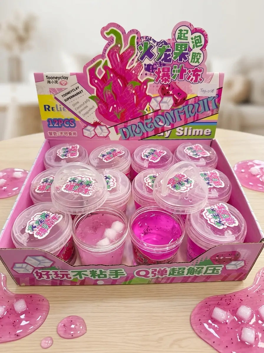 Dragon Fruit Crystal Slime Glitter Jelly Slime with Foam Cubes Soft Stretchy Sensory Toy
