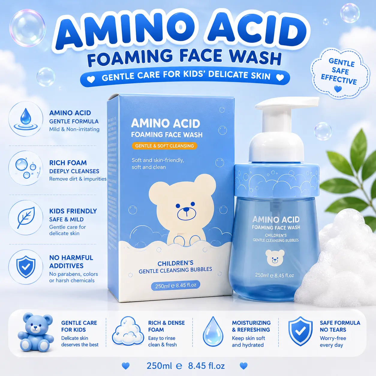 Foaming Face Wash Gentle & Tear Free Cleanser for Delicate Skin (250ml)