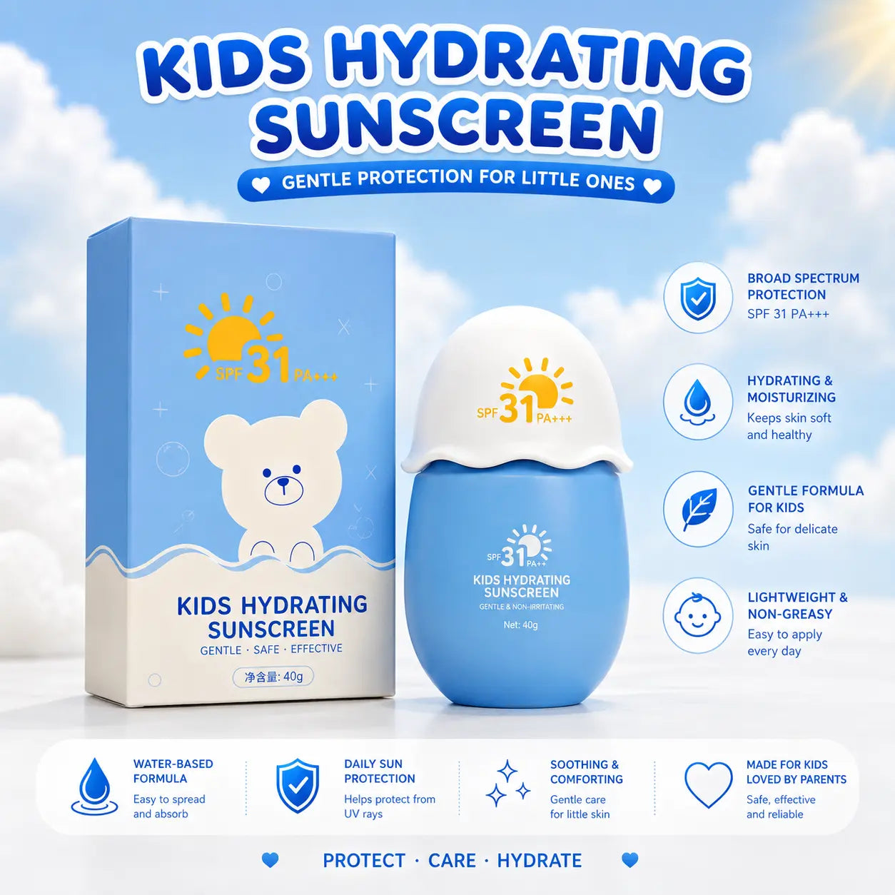 Kids Hydrating Sunscreen SPF 31 PA+++ Gentle Moisturizing Sun Protection for Children (40g)