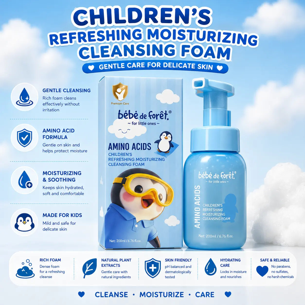 Refreshing Moisturising Cleansing Foam Gentle Face Wash for Children (200ml)