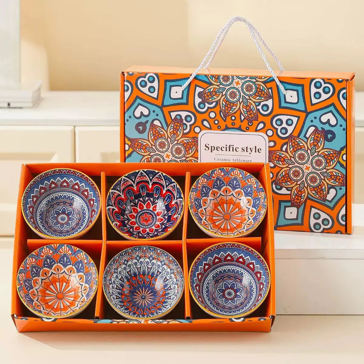 Bohemian Ceramic Bowl Set with Gift Box 4/6 Piece Random Pattern Bowls without Chopsticks