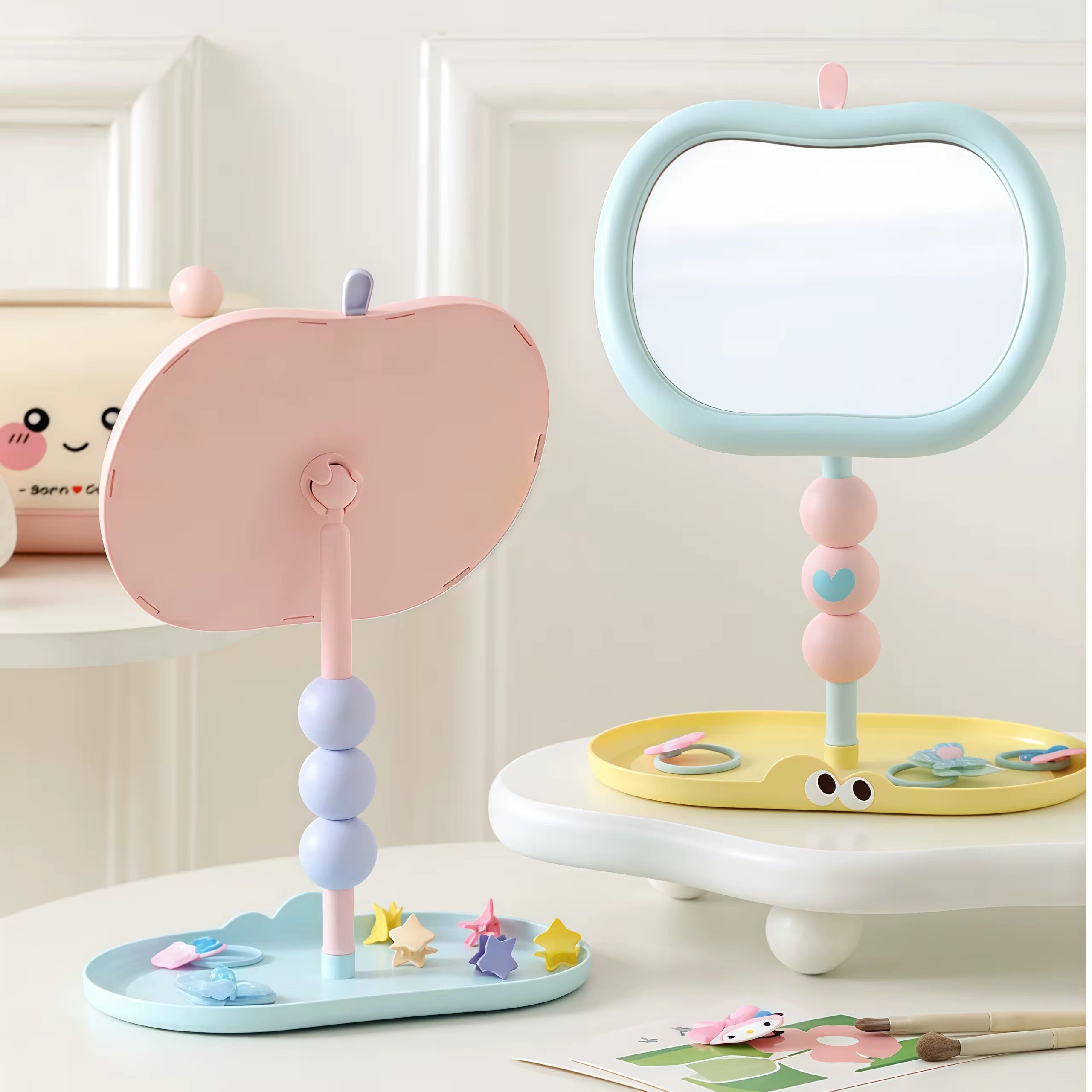 Cute Apple Shape Vanity Mirror with Jewelry Storage Tray Pastel Desktop Makeup Mirror