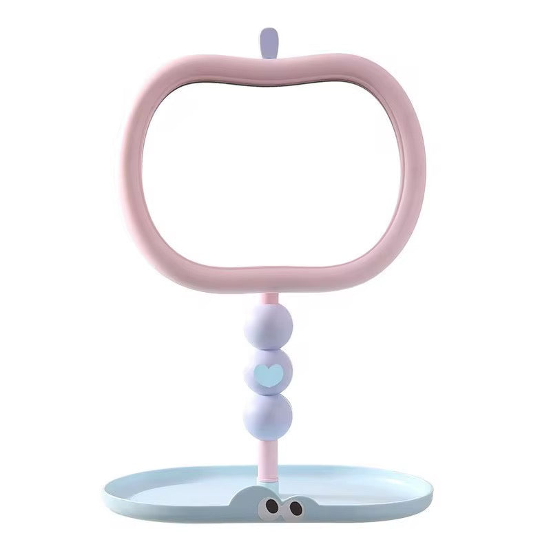 Cute Apple Shape Vanity Mirror with Jewelry Storage Tray Pastel Desktop Makeup Mirror