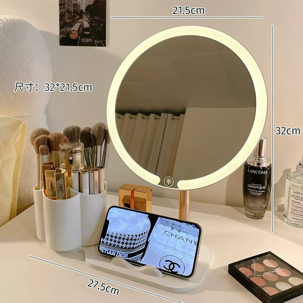 LED Vanity Makeup Mirror with Storage Organizer & Phone Holder Touch Control Desktop Mirror