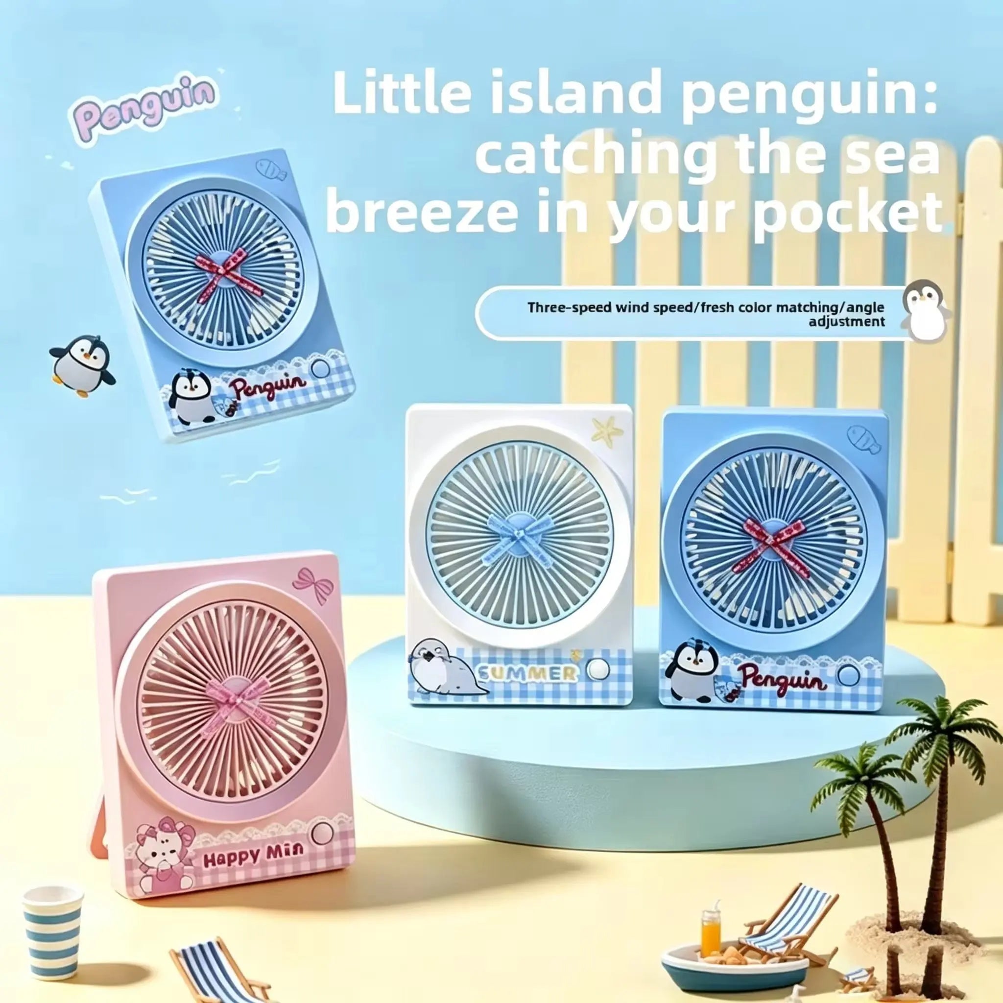 Cute Penguin Mini Portable Desk Fan 3 Speed Adjustable