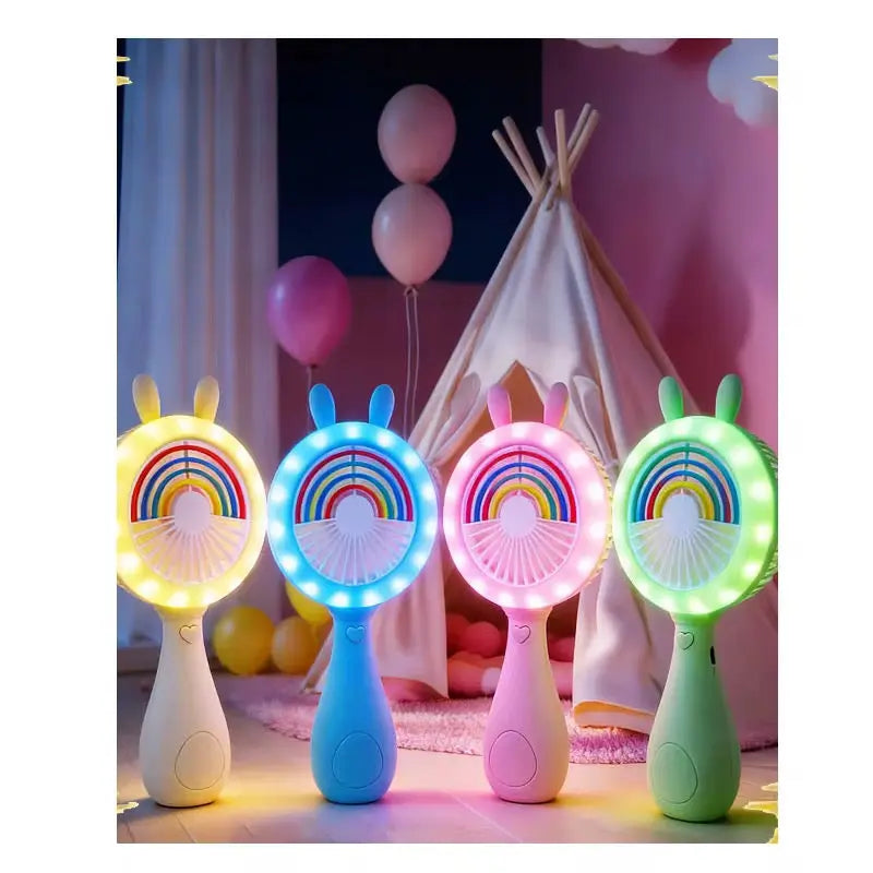 Cute Bunny Rainbow Handheld Fan with LED Light Portable Mini Fan