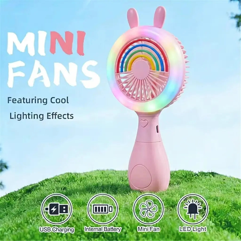 Cute Bunny Rainbow Handheld Fan with LED Light Portable Mini Fan