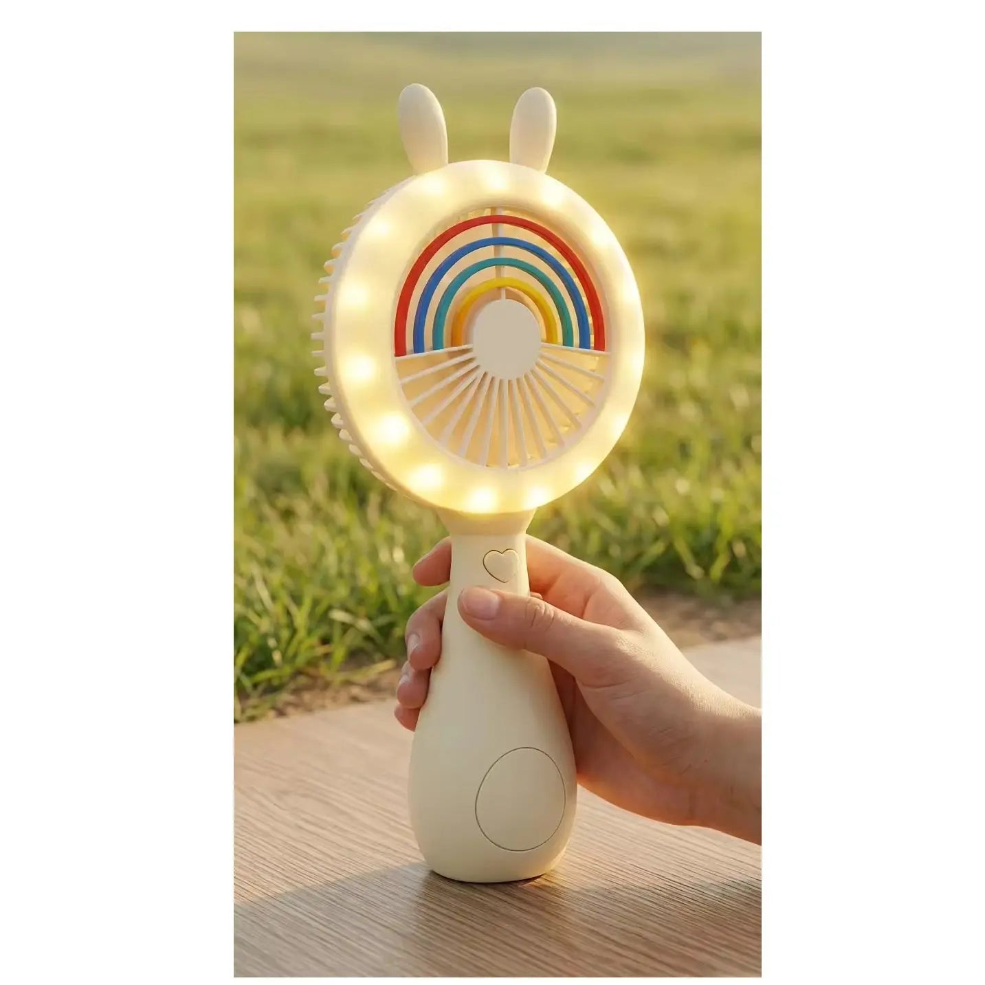 Cute Bunny Rainbow Handheld Fan with LED Light Portable Mini Fan